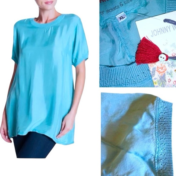 $139 Johnny Was Vintage Top X Large Knit Trim on Neck +Sleeves Blue Cerulean NWT - Picture 1 of 13